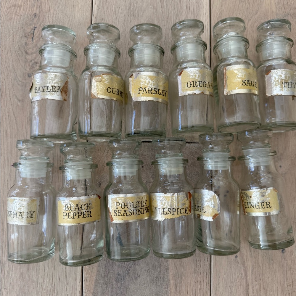 Unique Vintage Glass Spice Jars with Gold Labels